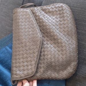 Vintage Taupe Genuine Lambs Leather Woven Flap Shoulder Bag